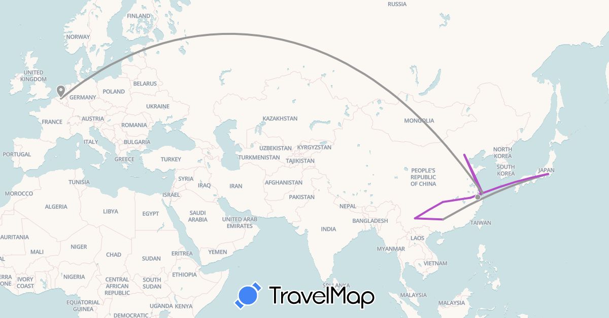 TravelMap itinerary: plane, train in Belgium, China (Asia, Europe)